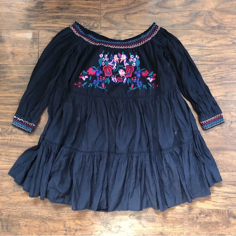 Free People • Sunbeams Off-The-Shoulder Mini Dress black embroidered smocked - Image 2