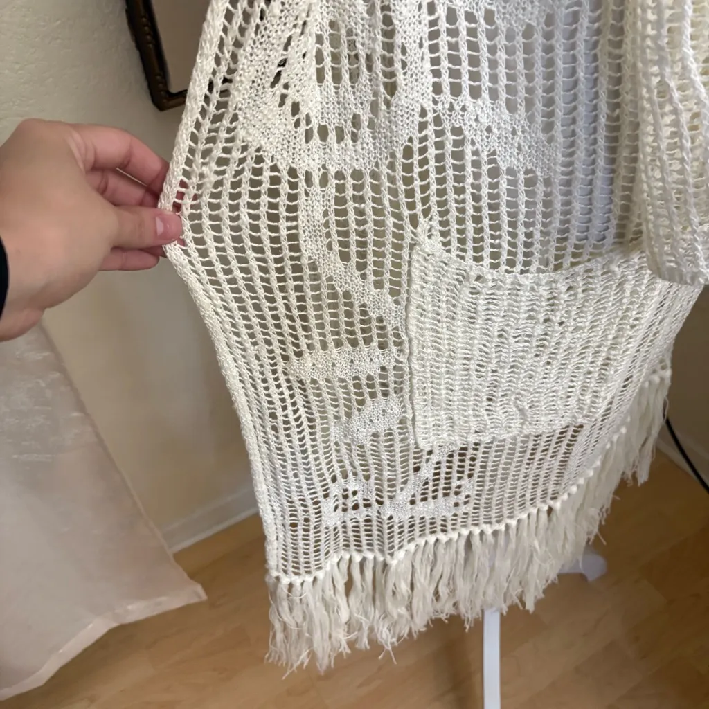 DENIM & SUPPLY Ralph Lauren Cream Crochet Fringe Kimono Cardigan Boho Size Large - Image 3
