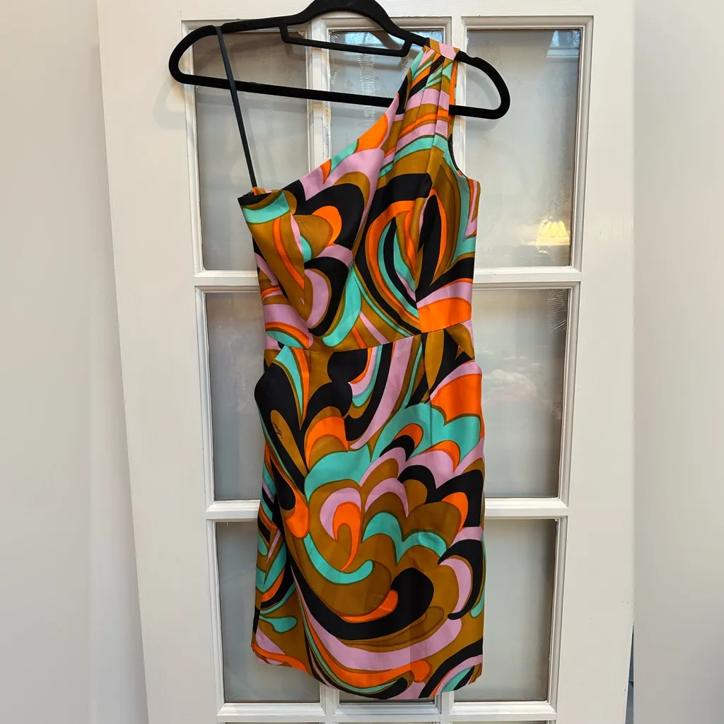 An Original MILLY of New York Runway Kaleidoscope One Shoulder Silk Dress Size 0 Orange - Image 15