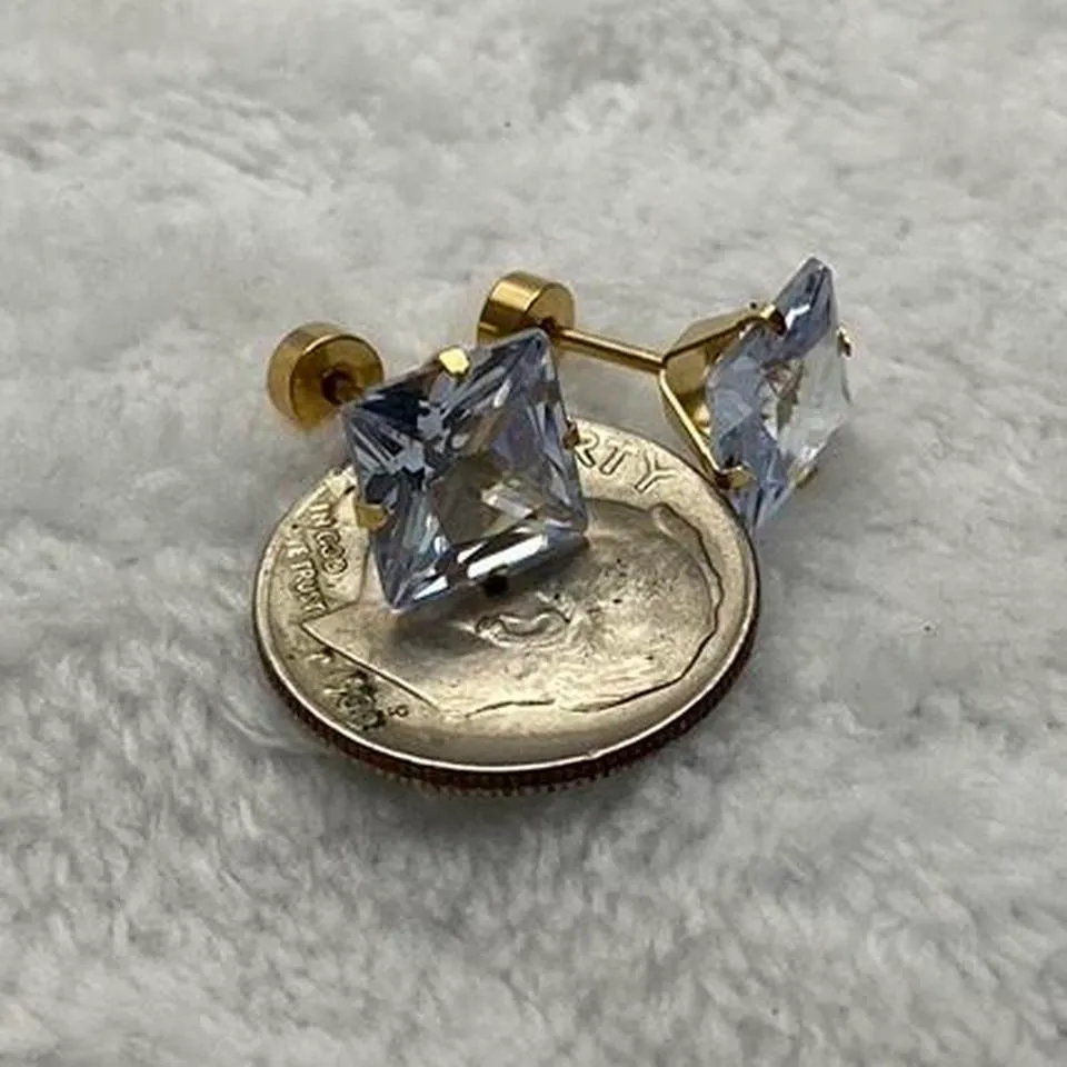 18k Gold plated Square White Crystal Zircon 8mm Stud Earrings - Image 4