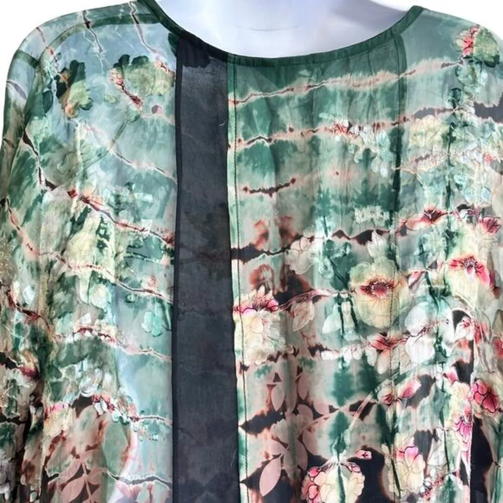 CITRON Santa Monica‎ tie dye floral embossed logenlook open front cardigan 1X Green - Image 8