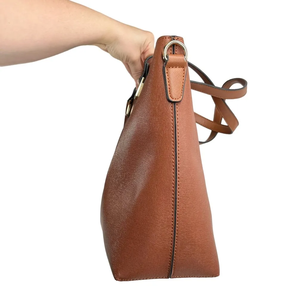 Faux Leather Brown Double Handle Red Lined Tote Bag Purse - Image 5