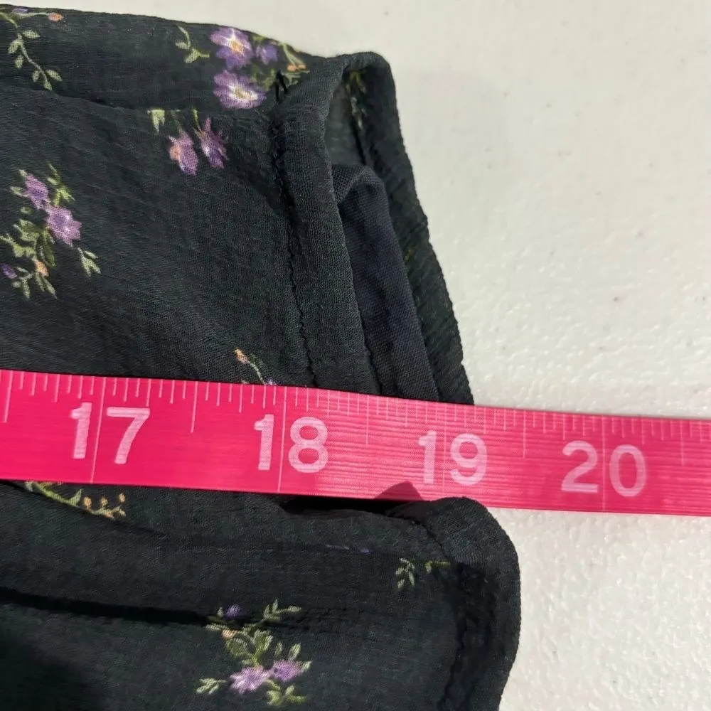 American Eagle SZ Large Ditsy Black Floral Dress Purple Ruffle Bell Sleeves Boho - Image 8