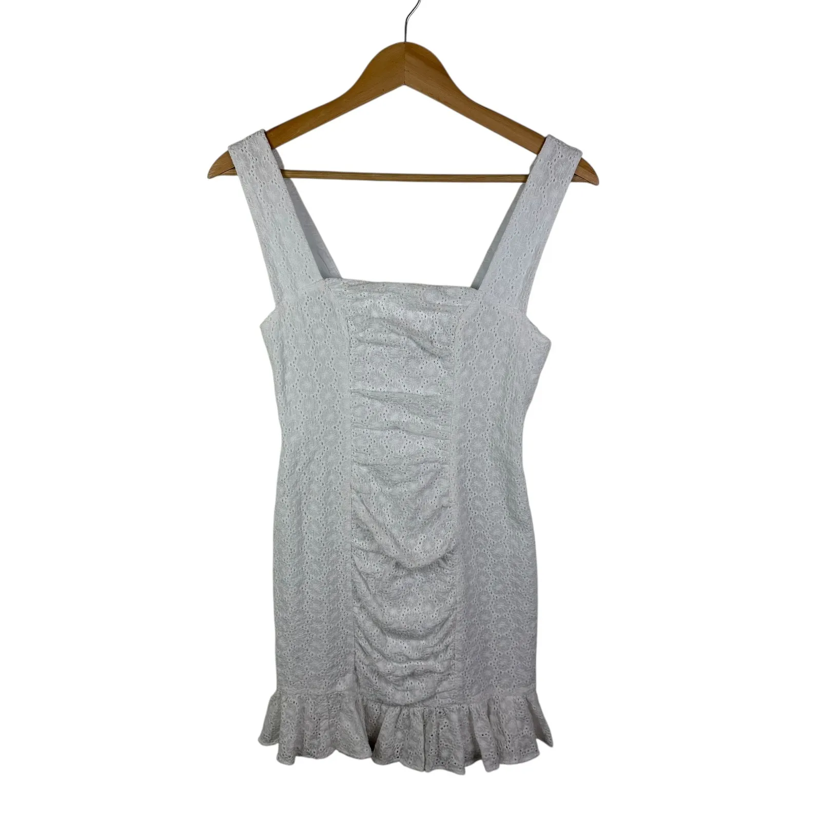 Nookie Darling Mini Dress Small White Eyelet Ruched Ruffle Hem Bridal Cocktail - Image 2