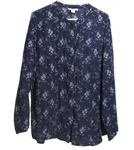 Coldwater Creek Floral Navy Silk Pintuck Women's Button Up Blouse Top Sz 16/18W - Image 1