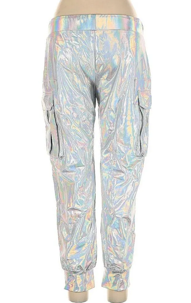 Hologram Holographic Cargo Jogger Silver Iridescent Pants sz M - Image 2