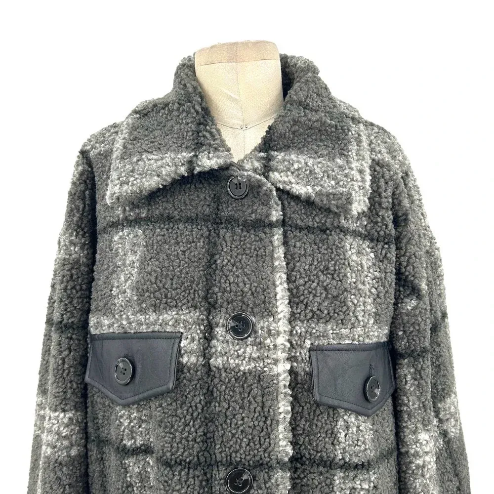 NVLT Plaid Faux Leather Trim Coat Gray Sherpa‎ Shacket Size XL - Image 4