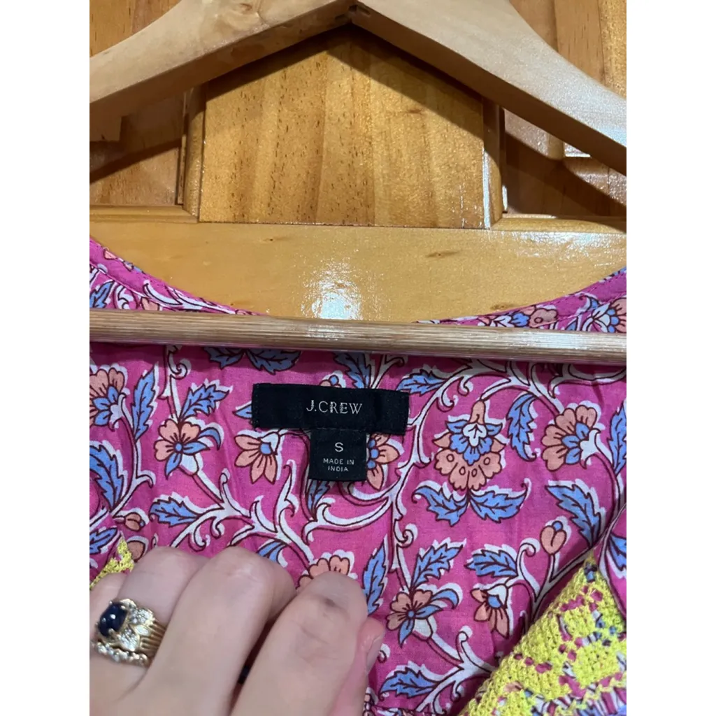 J.Crew Womens Starina Pink Floral Print Yellow Embroidered Tassel Top Boho Small - Image 2