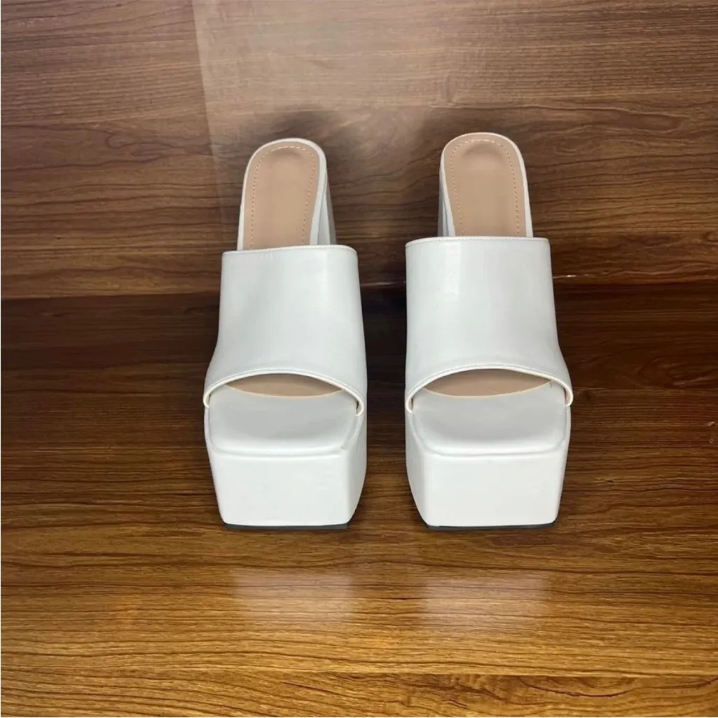 White Chunky extra high block platform square toe heel sandals Size 9 - Image 2