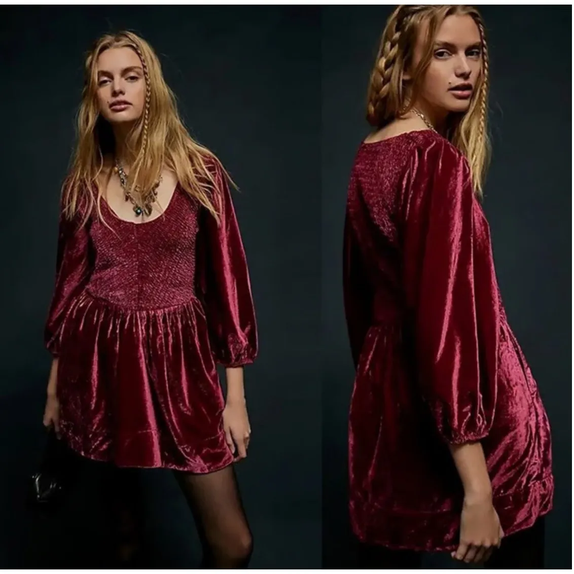 FREE PEOPLE | Farrier Velvet Mini Dress Boysenberry Smocked Puff Sleeve | Small - Image 2