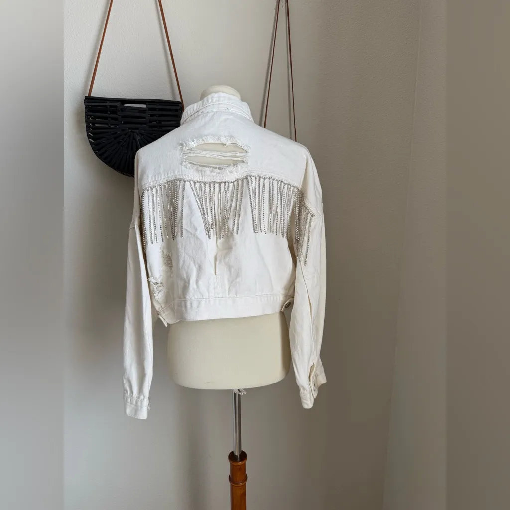 Blue B Collection White Distressed Fringe Jean Jacket, Size M/L Size M - Image 2