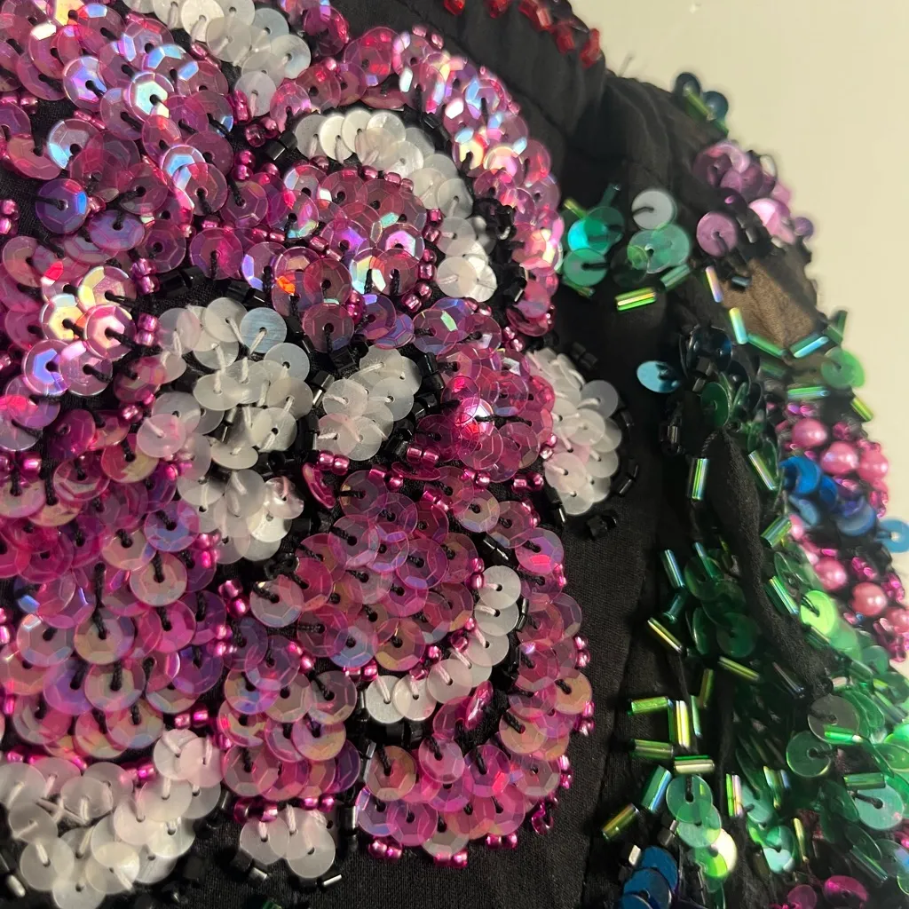 VTG 80s Black Tie Women's Floral Beaded Sequin Ball Gown Midi silk Dress Size 10 - Image 9