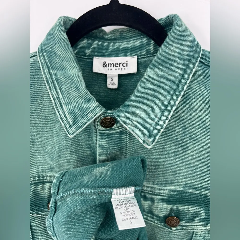 &merci En Merci Acid Wash Denim Mini Dress Jean Balloon Sleeve Green Blue Small - Image 16