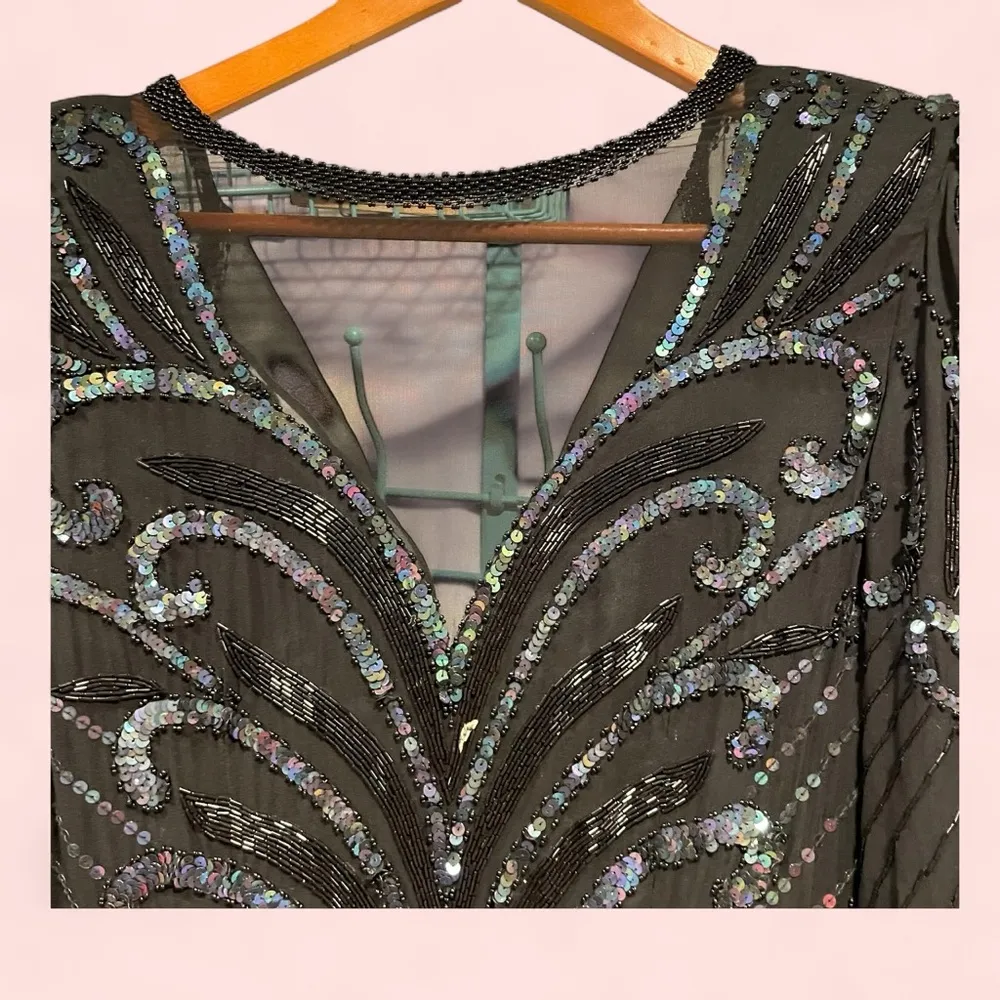 Stunning vintage 80’s silk beaded sequin mesh black mermaid gown luxury glamour Size 8 - Image 5