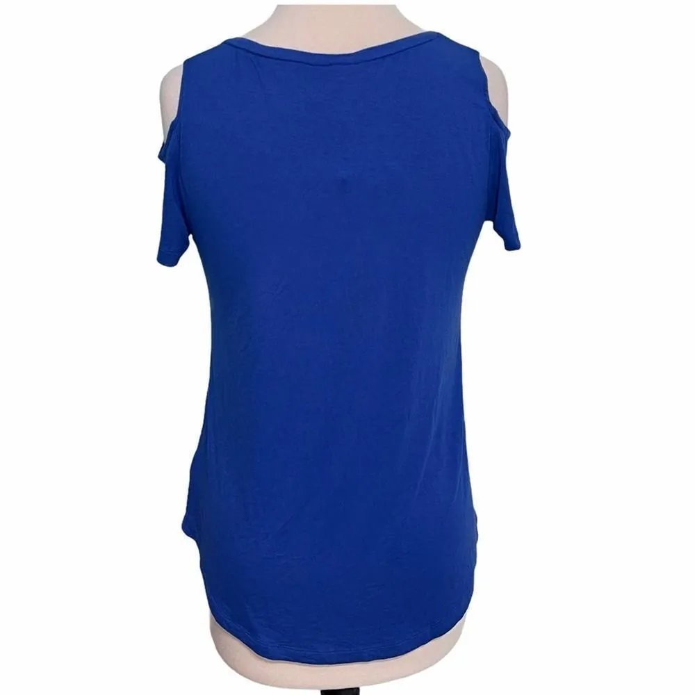 JM Collection Cold Shoulder Top Short Sleeves Blue Dragon Stretchy Scoop Neck XS - Image 5