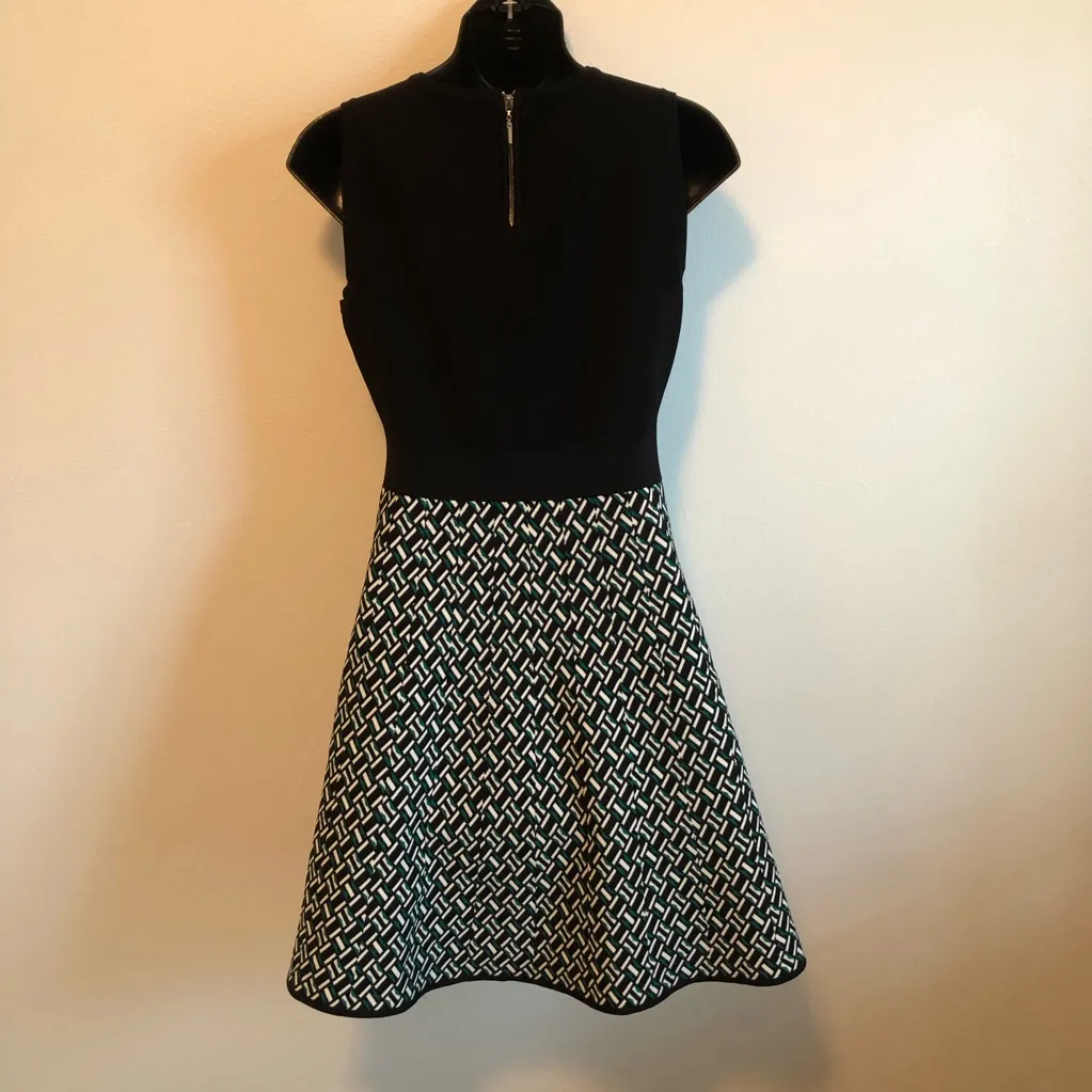 White House Black Market Green Black Patterned Fabric knit fit & flare dress S - Image 3