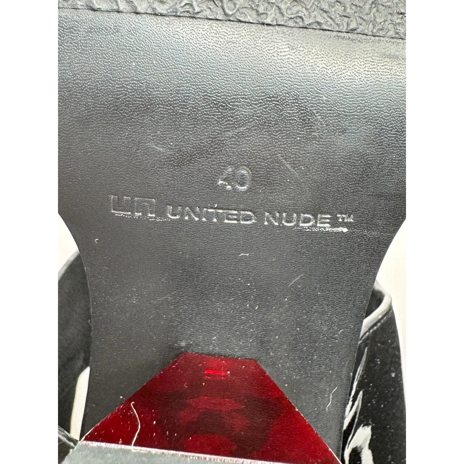 United Nude Shoes Women 9 Black Delta Run Patent Leather Red Gem Block Heel - Image 12