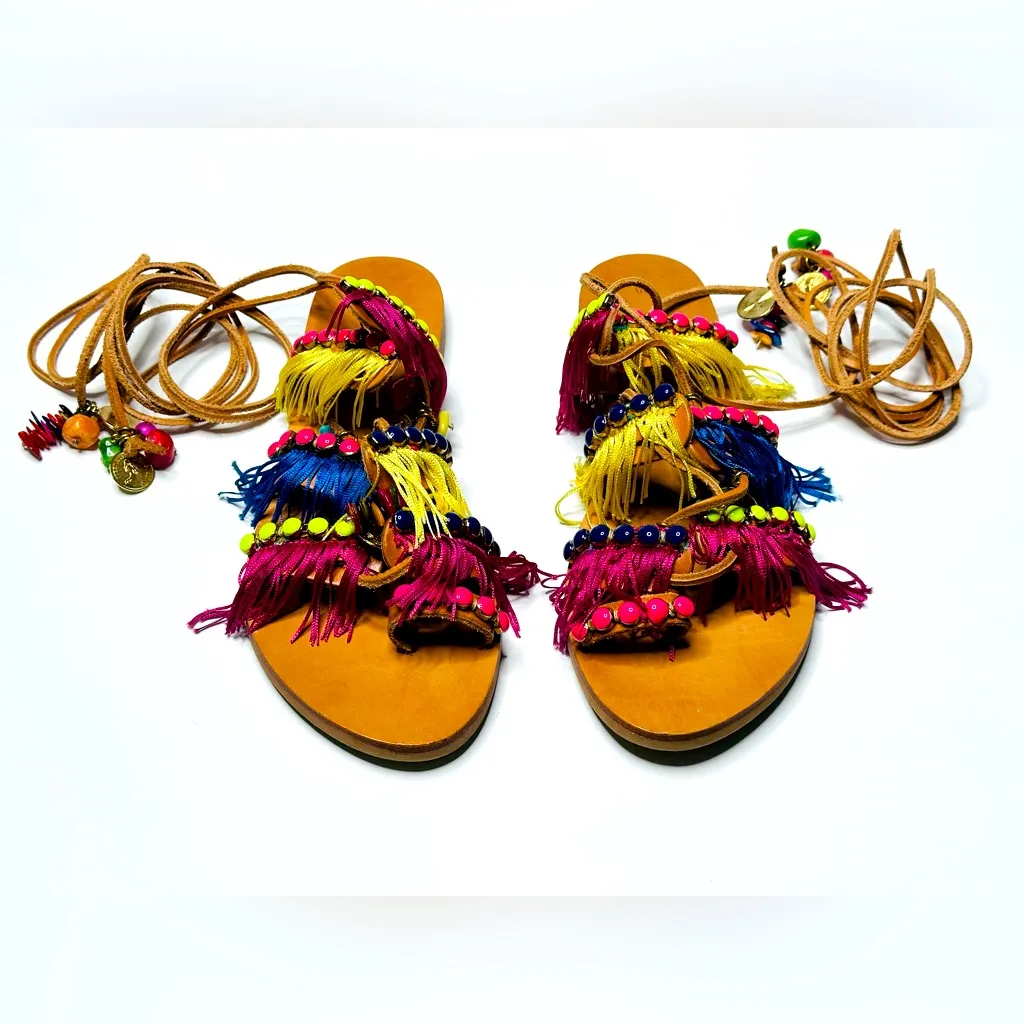 Elina Linardaki Greek Lace Up Gladiator Beaded Fringe Flat Sandal Shoe Size 10 Pink - Image 9