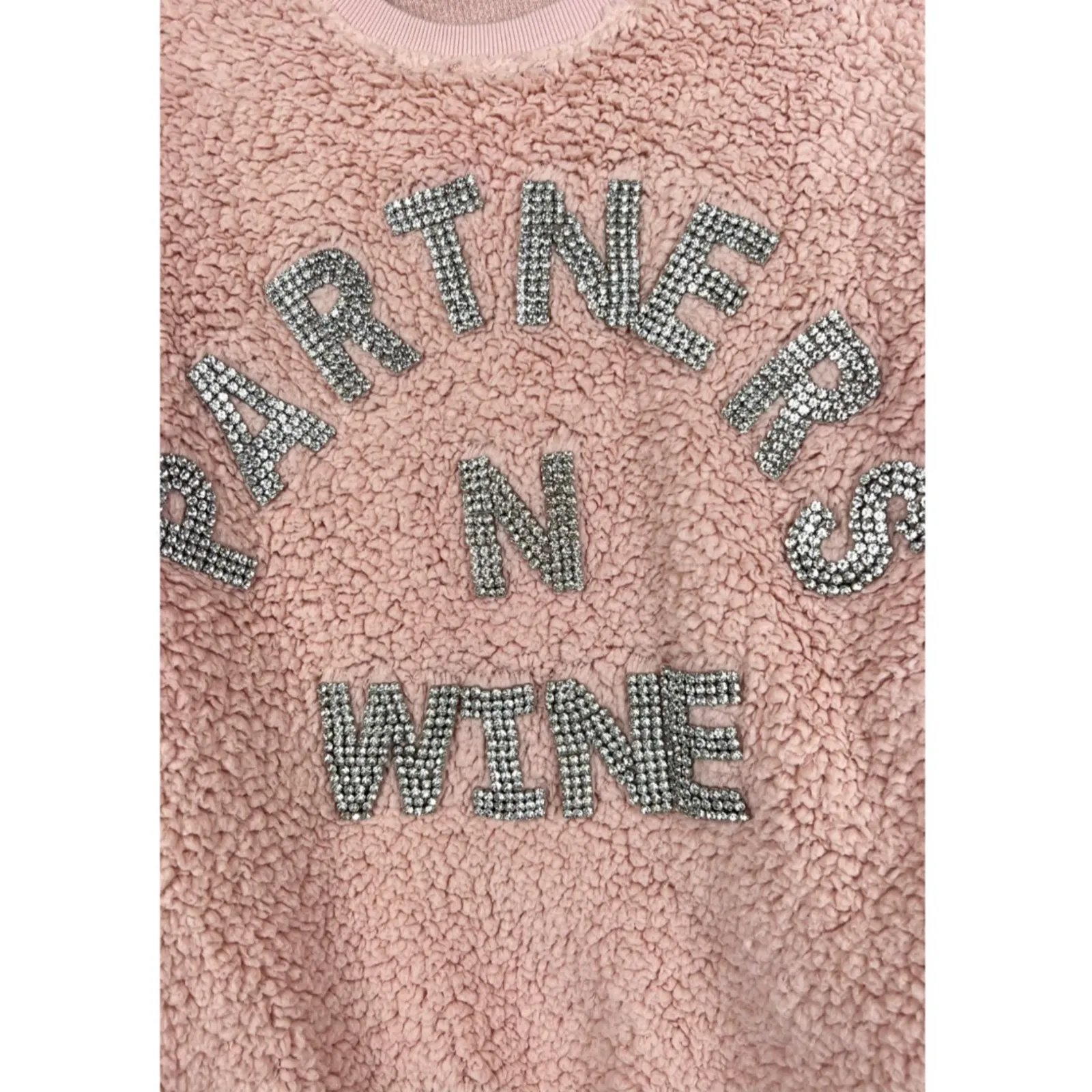 Judith March Pink Sherpa  S Sweatshirt Partners N Wine Rhinestone Lettering - Image 4
