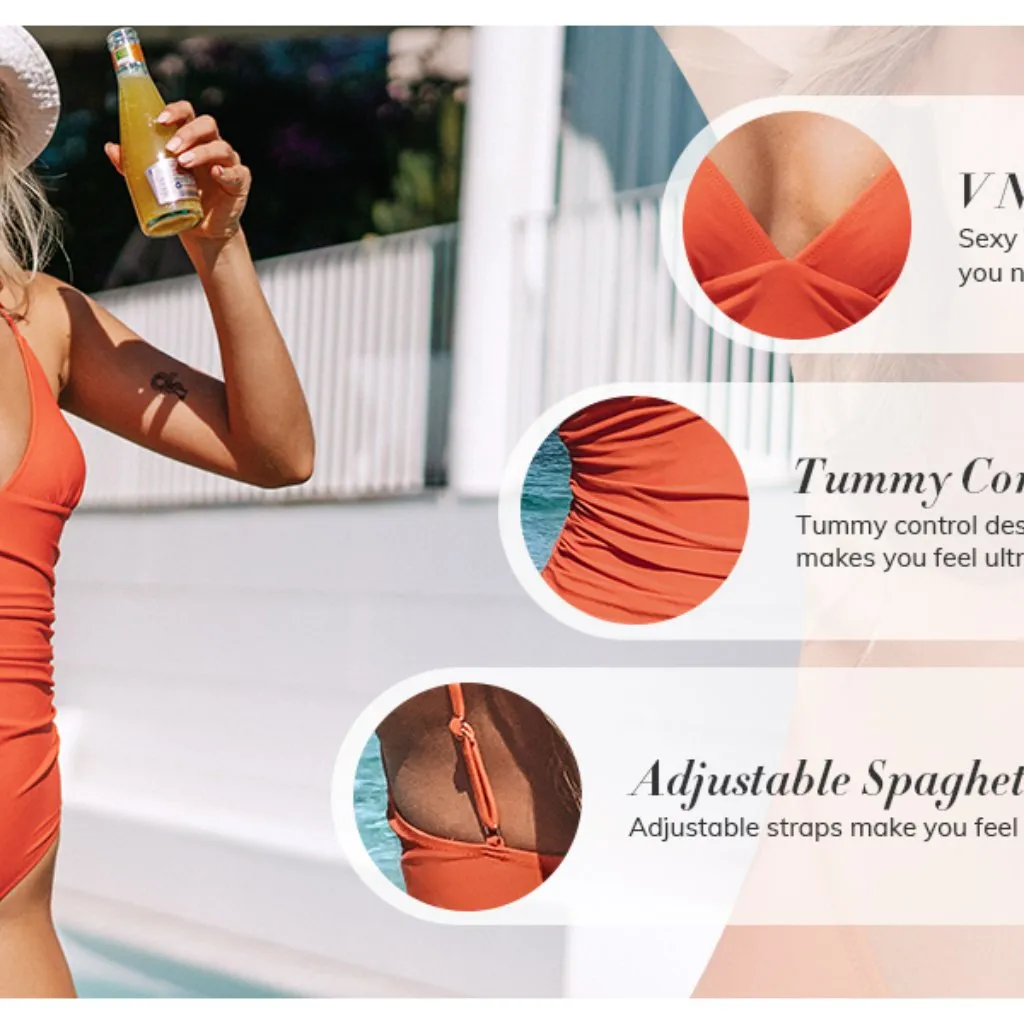 CUPSHE Cafe Brown One-Piece Swimsuit Tummy Control V Neck Bathing Suit XS - Image 6