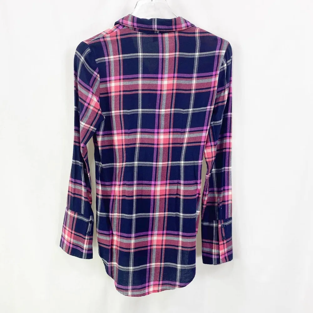 EXPRESS Plaid Checker Lace Up Button Up Long Sleeve Top - Image 5