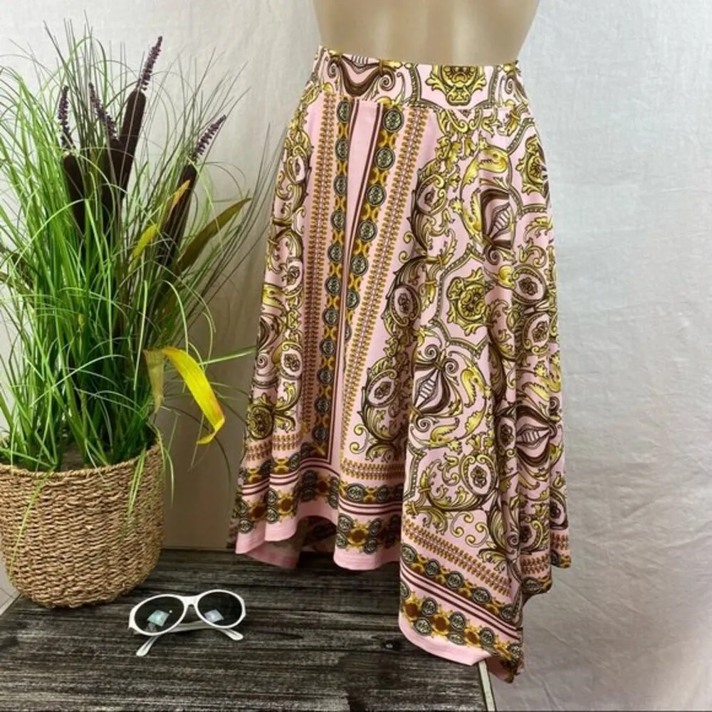 Venus Pink & Gold Print Asymmetric Hem Full A Line Skirt XS - Image 2