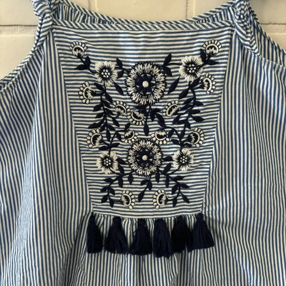 ZARA Blue White Stripe Embroidered Tassel Square Neck Ruffle Strap Tank Top M - Image 6