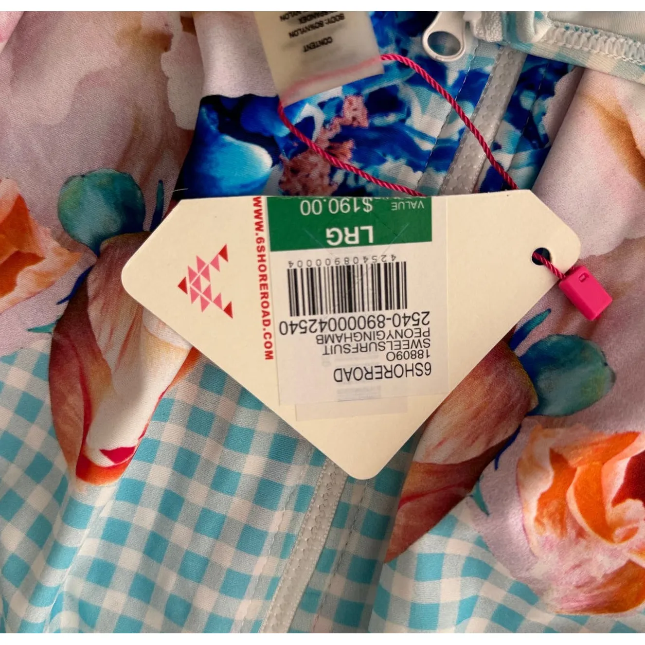 6 Shore‎ Road Swim Suit Womens Large Blue White Sweel Surfsuit Peony Gingham - Image 7