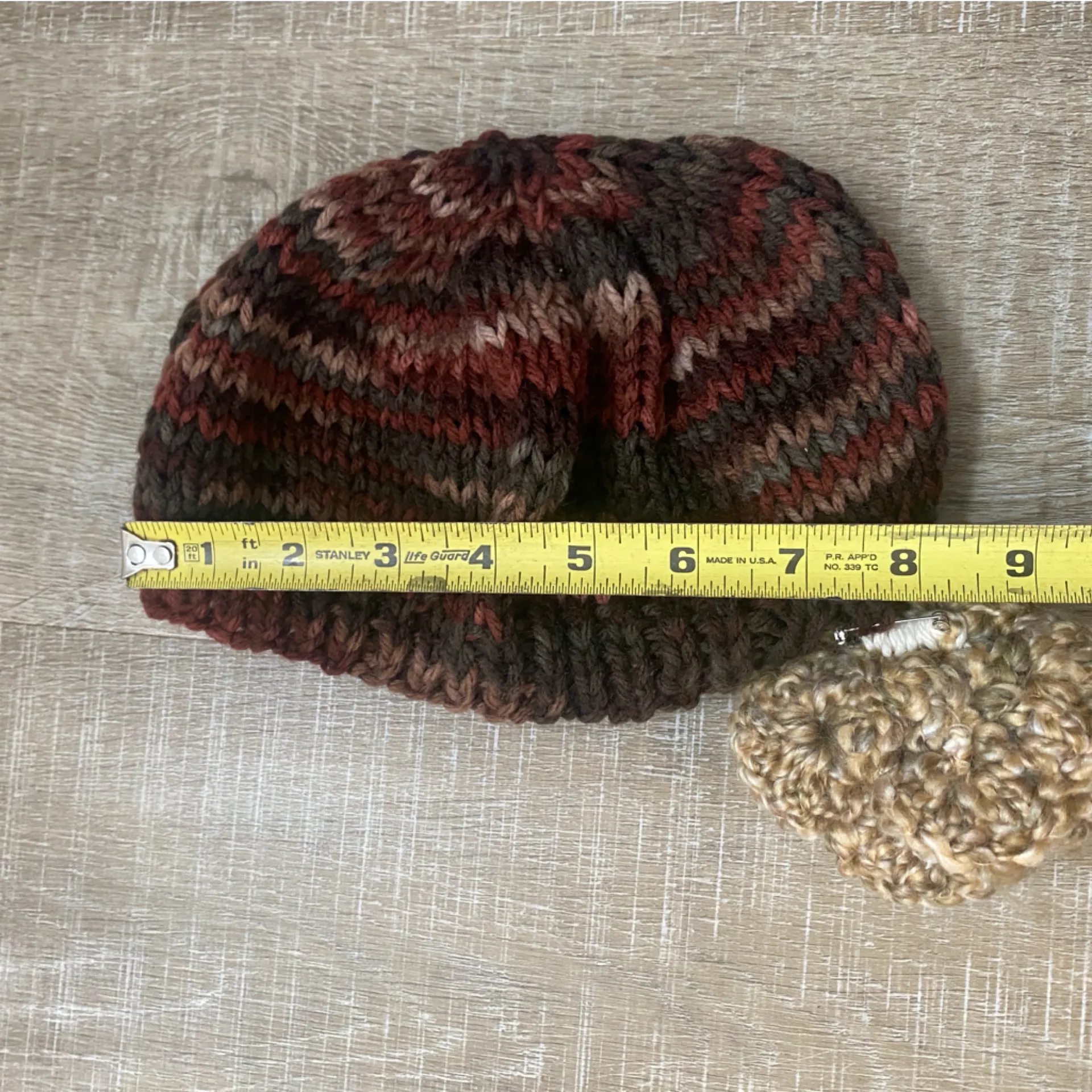 Hand Knit Crochet Beanie Hat Winter Handmade Flower Pin Boho Cottage Artsy - Image 9