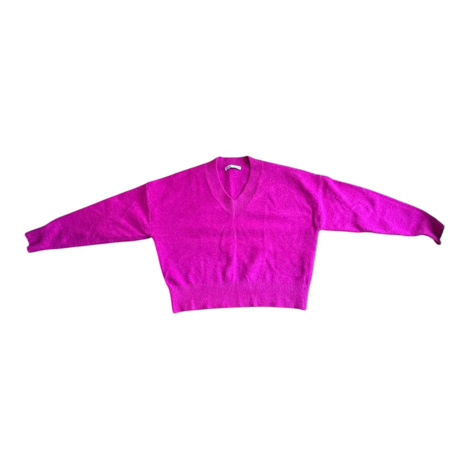 ZARA Bright Pink V Neck Long Sleeve Textured Sweater Medium - Image 2
