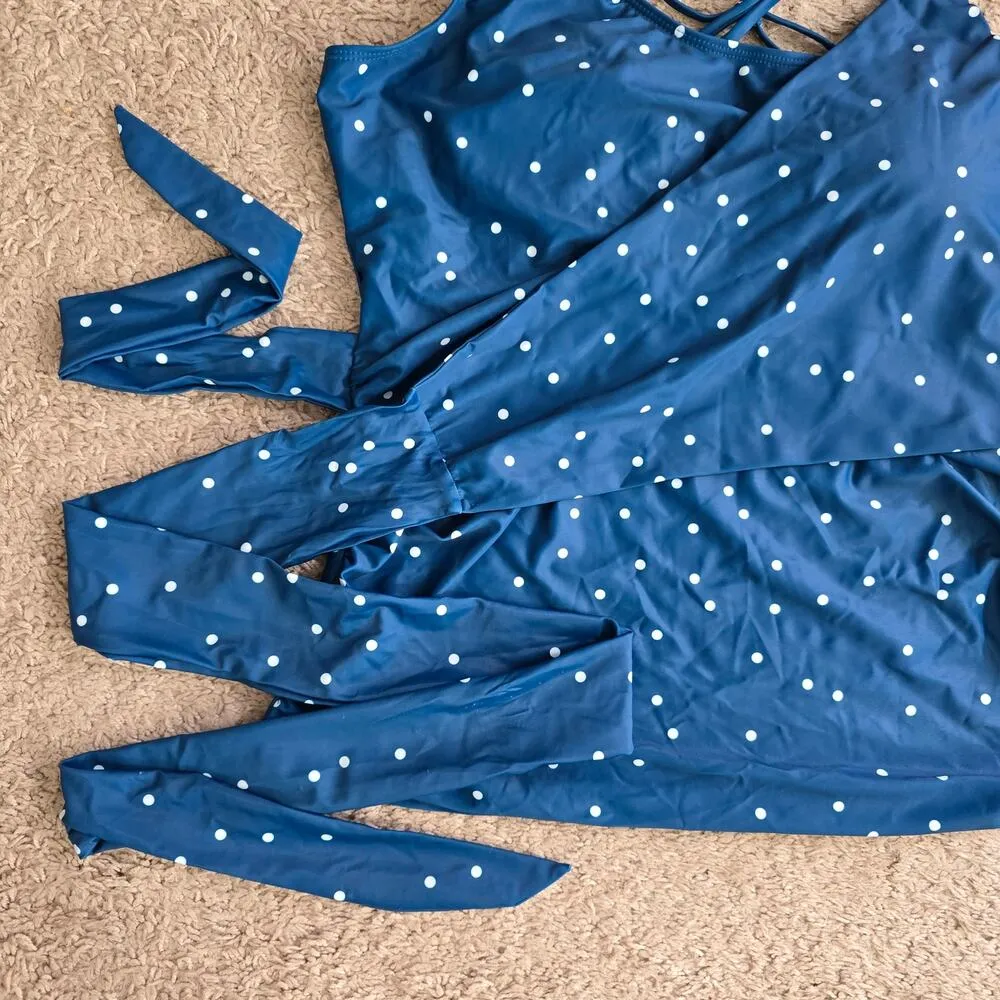 Blue Polka Dot Tankini Wrap Adjustable Tank Top Swimwear Plus XXL 1XL Size 1X - Image 4