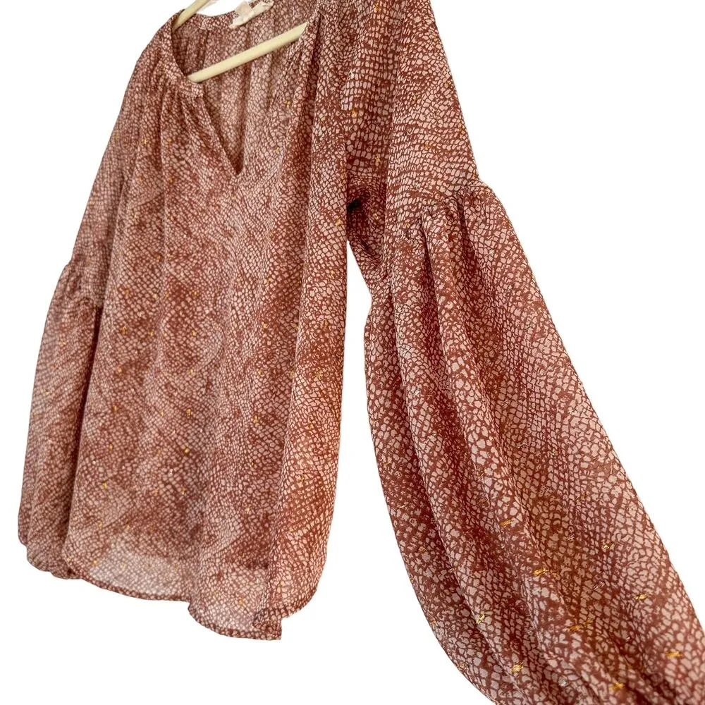 Lovestitch Chiffon Blouse with Puff Sleeves Pink Snake Print Metallic Spring Top - Image 2