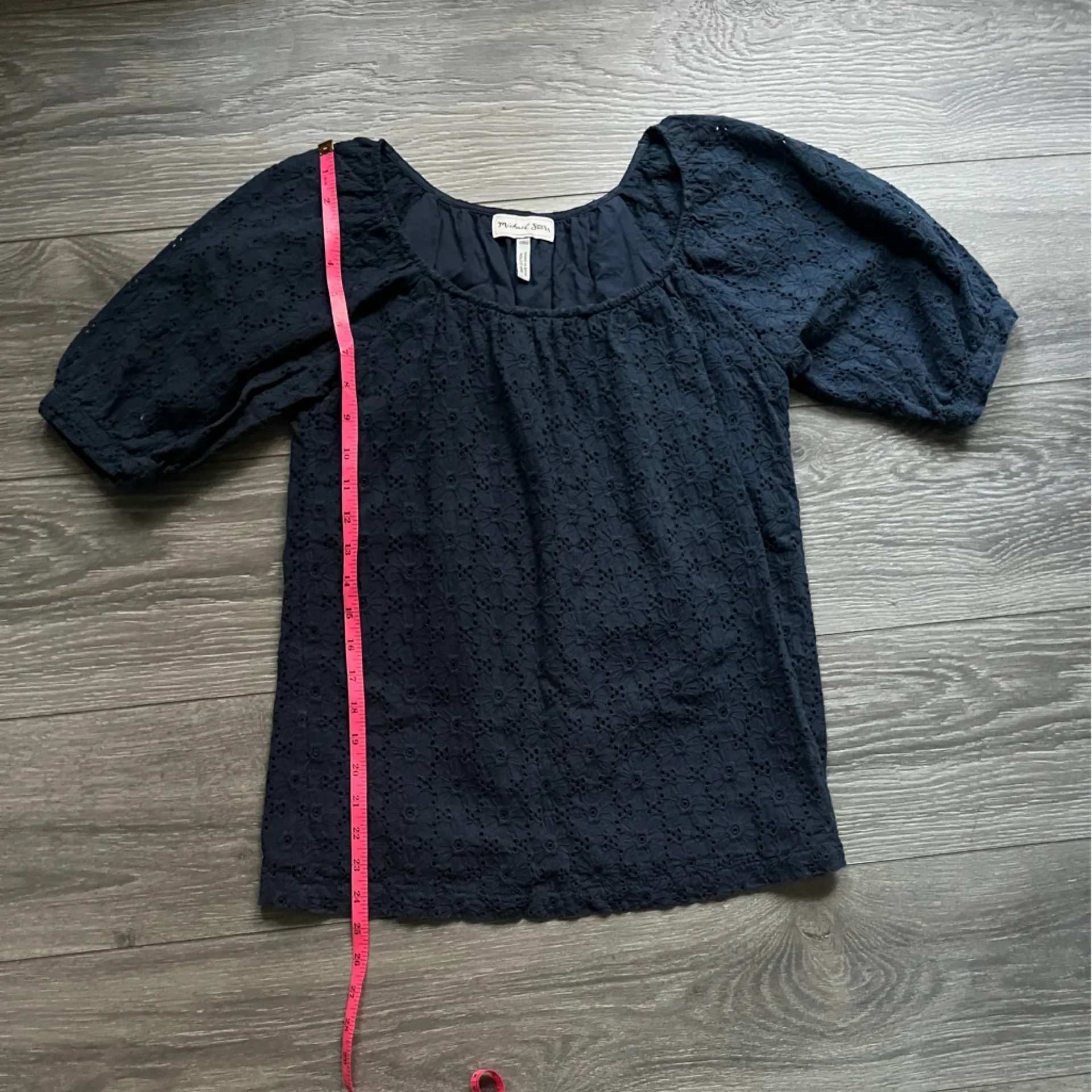 Michael Stars Navy Puff Sleeve Eyelet 100% Cotton Peasant Top Size 0 XS Floral - Image 7