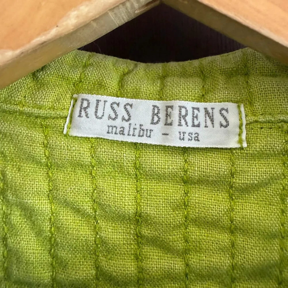 RUSS BERENS | Pea Green Quilted Linen Blend Zip Up Vest Boho Kantha Extra Small Gray Size XS - Image 4
