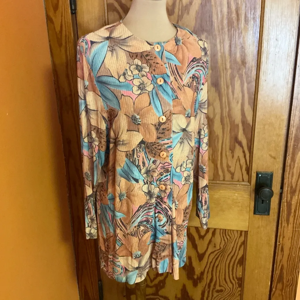 Vintage Floral Button Front Cover Up Tunic Boho Top Size L - Image 7