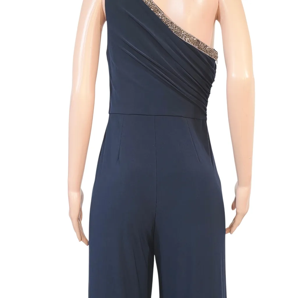 Adriana Papell Beaded One Shoulder Matte Jersey Navy Jumpsuit Size 8 - Image 9