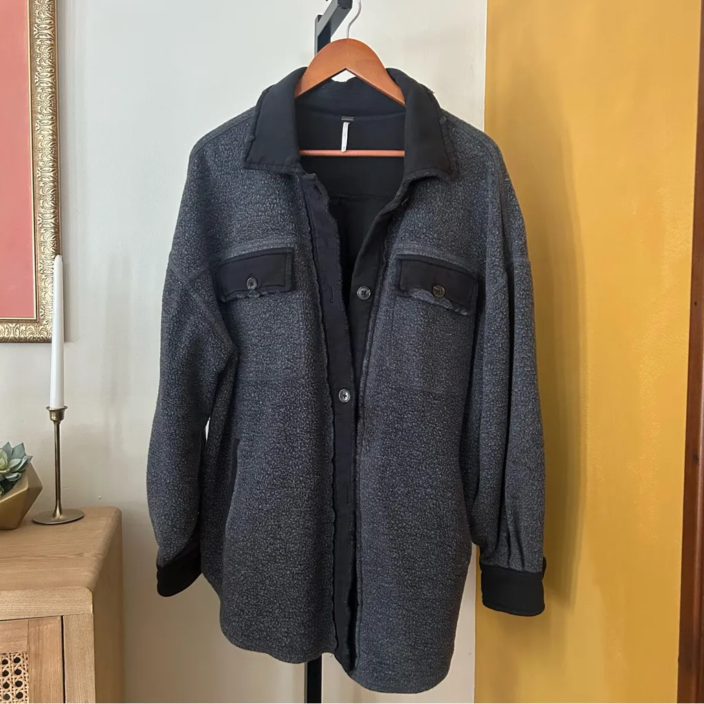 Free People Ruby Jacket Oversized Shacket Fleece Distressed Washed Black Size M - Image 3