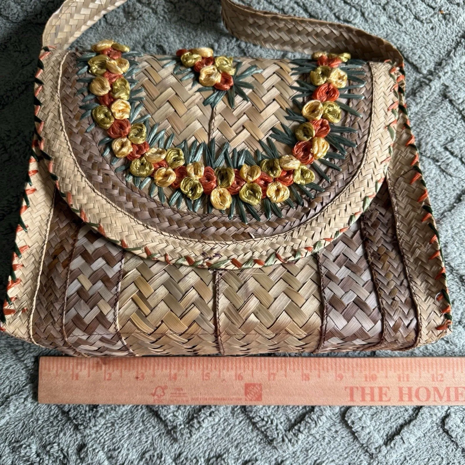 Vintage 1960s Cabana Floral Wicker Raffia Woven Straw Purse Handbag Philippines Yellow - Image 6