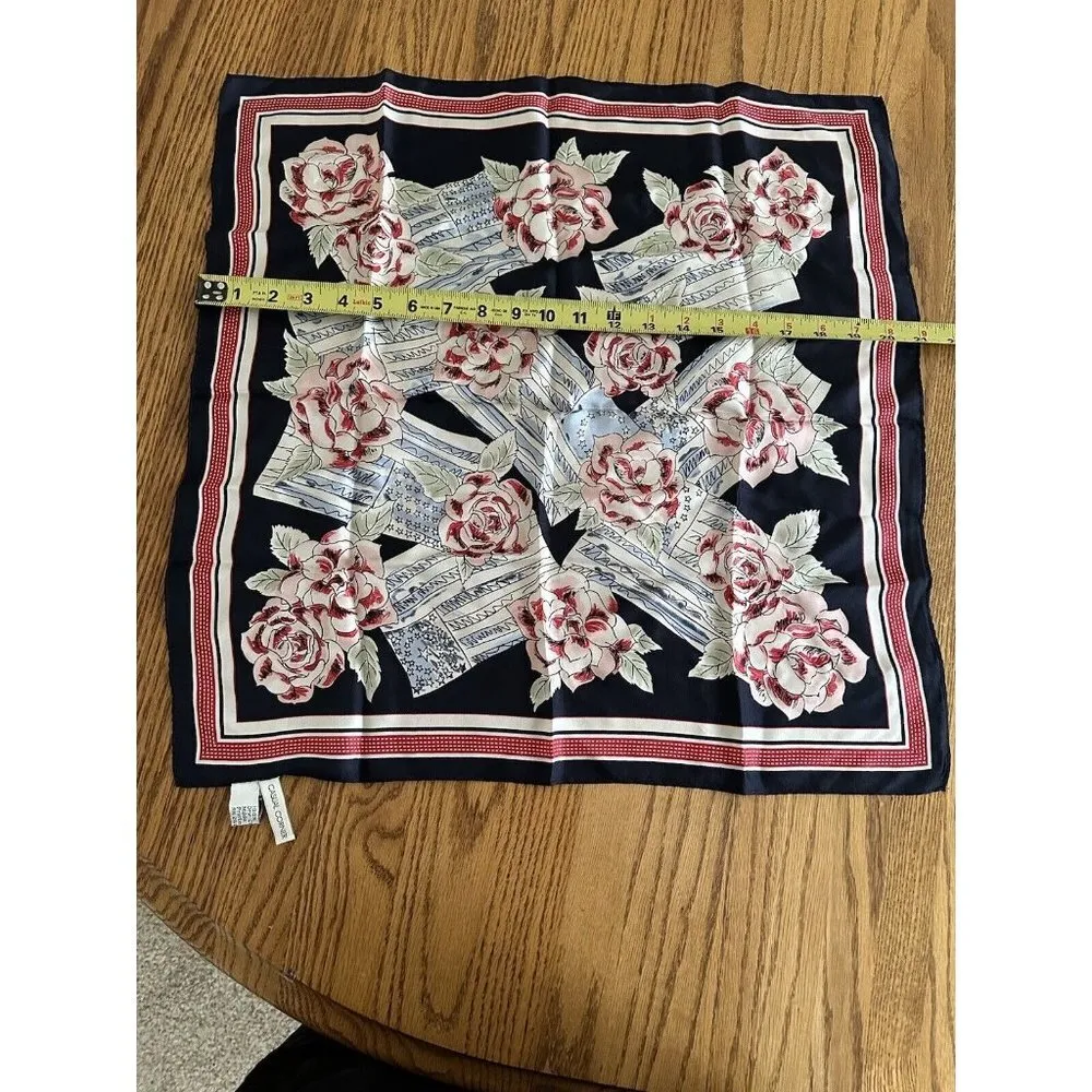 Casual Corner Vintage Scarf 100% Silk Floral Square with Pink Roses 21”X 21” Black - Image 9