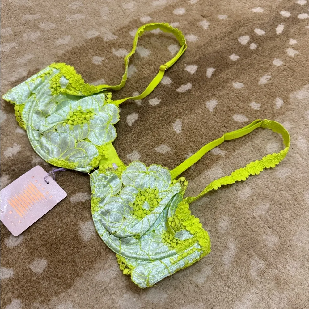 Savage X Fenty NWT Perfect Poppies Unlined Lace Demi Bra women’s size 36B Yellow - Image 9