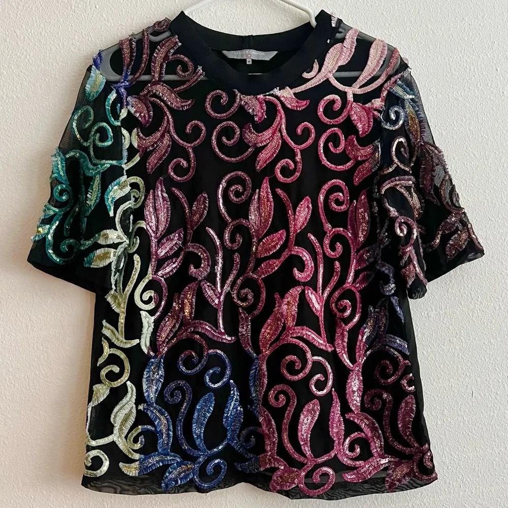 Clover Canyon Rainbow Sequin Embroidery Short Mesh Blouse Top Size Medium - Image 7
