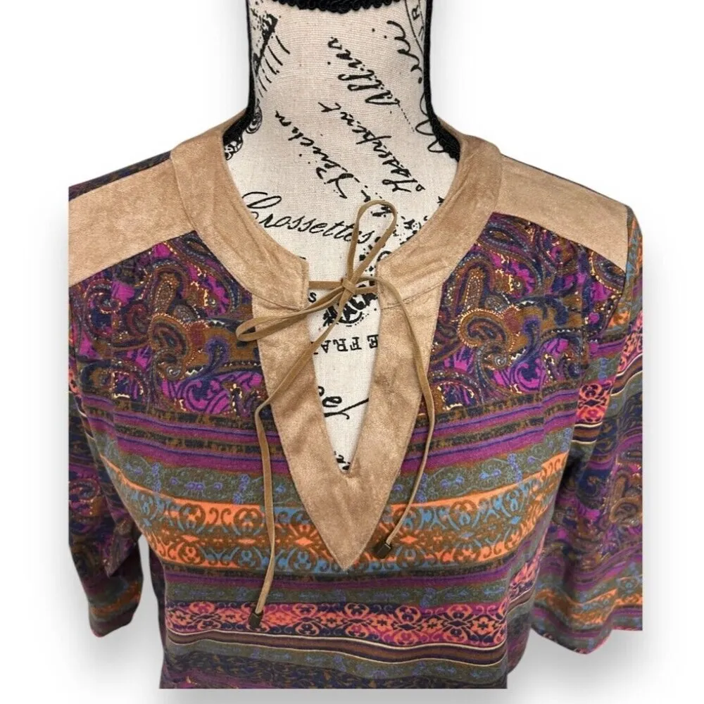 BonWorth XS Petite Boho Paisley Top Multicolor‎ Suede Trim Blouse 3/4 Sleeve NWT - Image 10