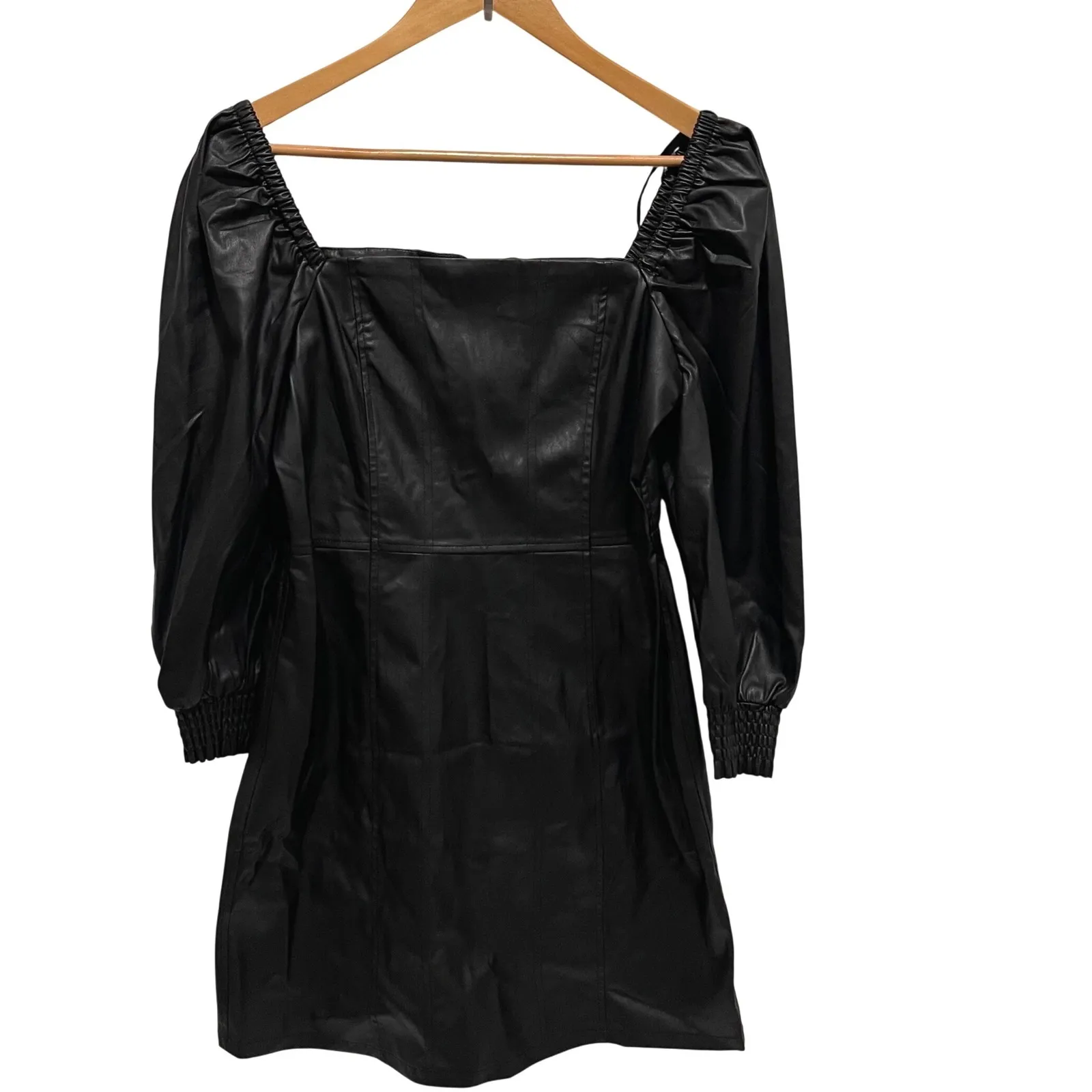 7 For All Mankind Faux Leather Square Neck Smocked Zipper Dress Black Medium NWT - Image 2