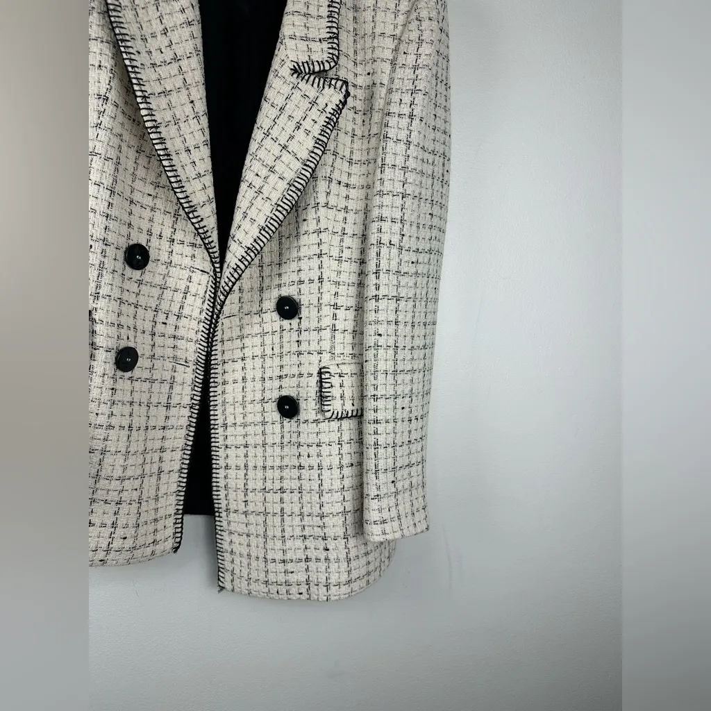 Zara Double Breasted Tweed Texture Weave White Casual Blazer Jacket Women’s Sz M - Image 5
