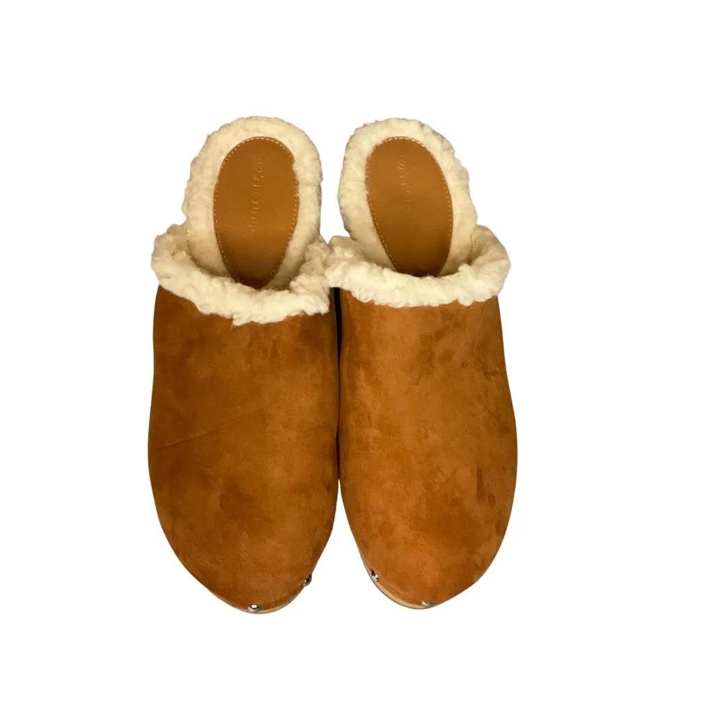 The Drop Tan Faux Shearling Clog Mules Wooden Heels & Metal Stud Accents Size 11 Brown - Image 5