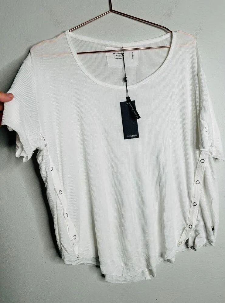 ONE TEASPOON White Ribbed High/Low Tee Snaps on Sides Tee Shirt NWT Size Small - Image 7