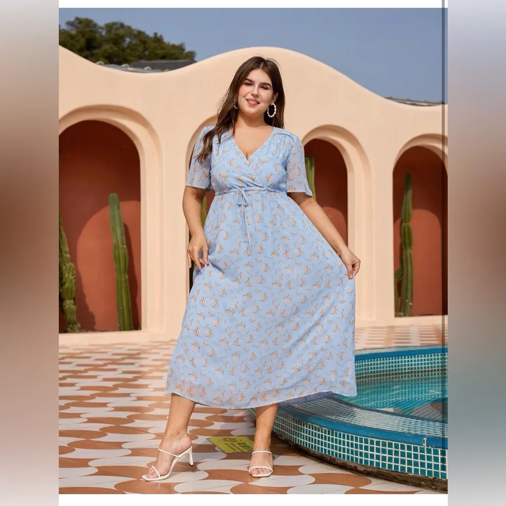 NEW Plus Size Wrap Floral Maxi Dress Short Sleeves Casual Maxi Dresses 3X Blue - Image 2