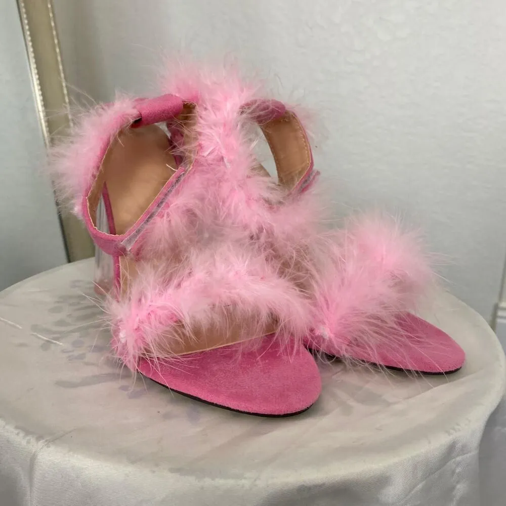 Light Pink Feather Fluffy Wrap Around Heart Block High Heels EU 37 / US 6.5 - Image 3