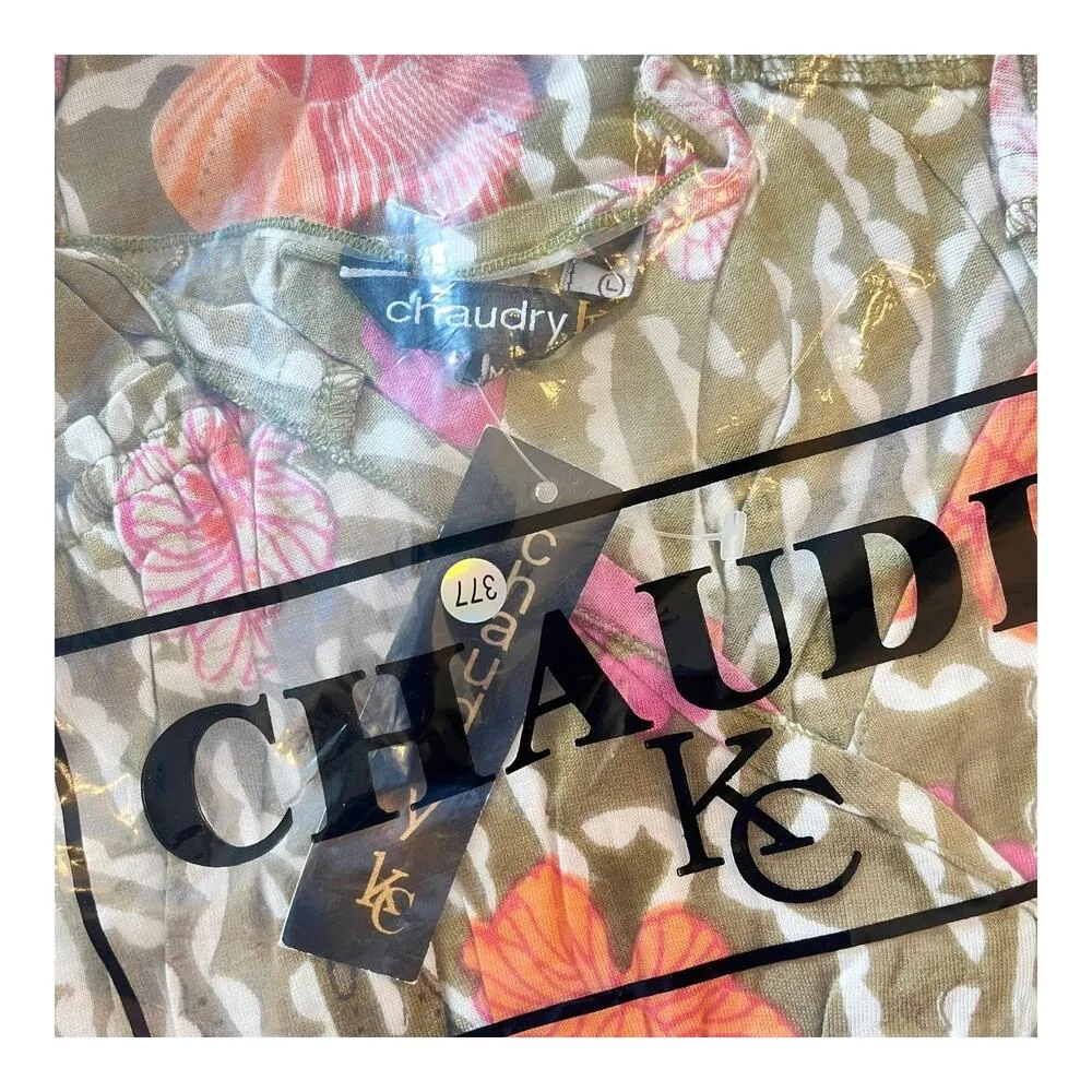 NEW Chaudry MIDI Floral Sun DRESS Women's LG Pink Poppy Green 100% Viscose NWT! Size M - Image 5