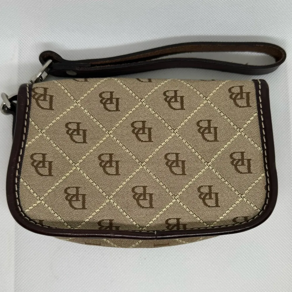 Dooney & Bourke Brown Leather Canvas Flap Wristlet Wallet Signature Logo - Image 2